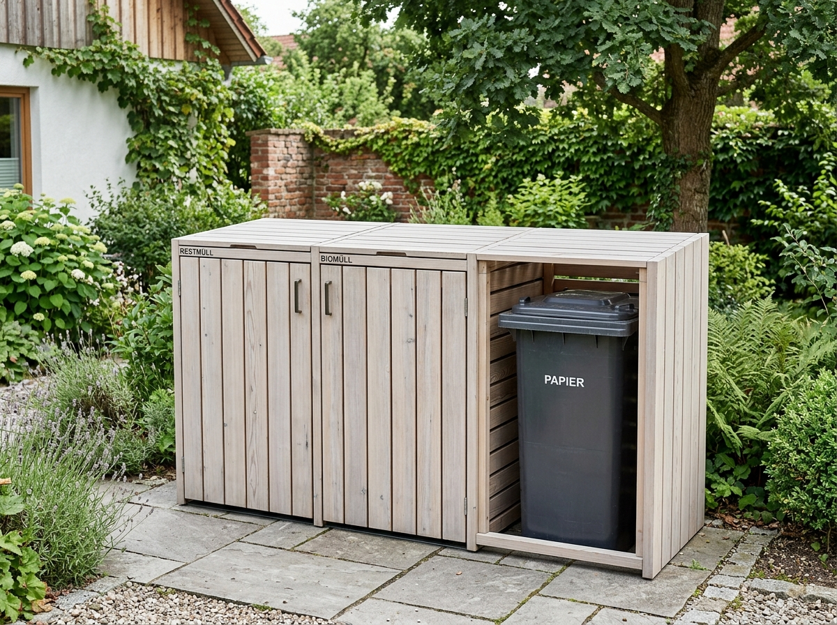 Page: HolzTec® Mülltonnen-Box kaufen. Slot: HT10007. Context: Ausverkauft Tipp Mähroboter-Garage "Ca